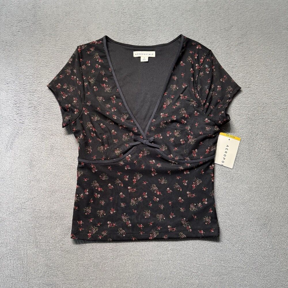 Aeropostale Womens Medium Floral Mesh Crop Top Black V Neck Bow Short Sleeve NWT